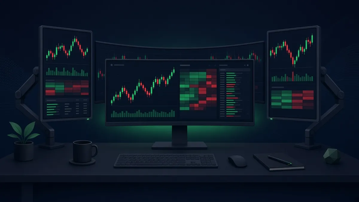 Illustration of a trading desk with a central 4K monitor, two portrait side monitors on arms and a curved super-ultrawide behind, all showing charts and heatmaps