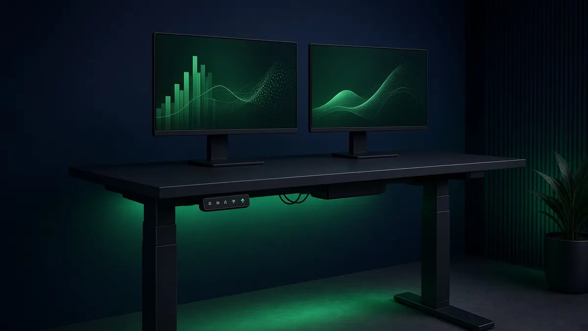 Illustration of an electric standing desk at standing height holding two monitors with green charts