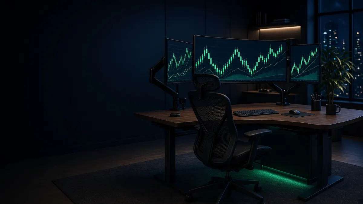 Illustrated night-time trading desk with a curved ultrawide and two side monitors on arms, an ergonomic chair, and green market charts
